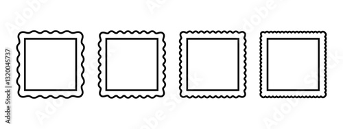 Collection of square frames with wavy edges. Vignettes for pictures, photos or mirrors with curvy borders. Empty boxes, tags, stamps or labels isolated on white background. Vector illustration.