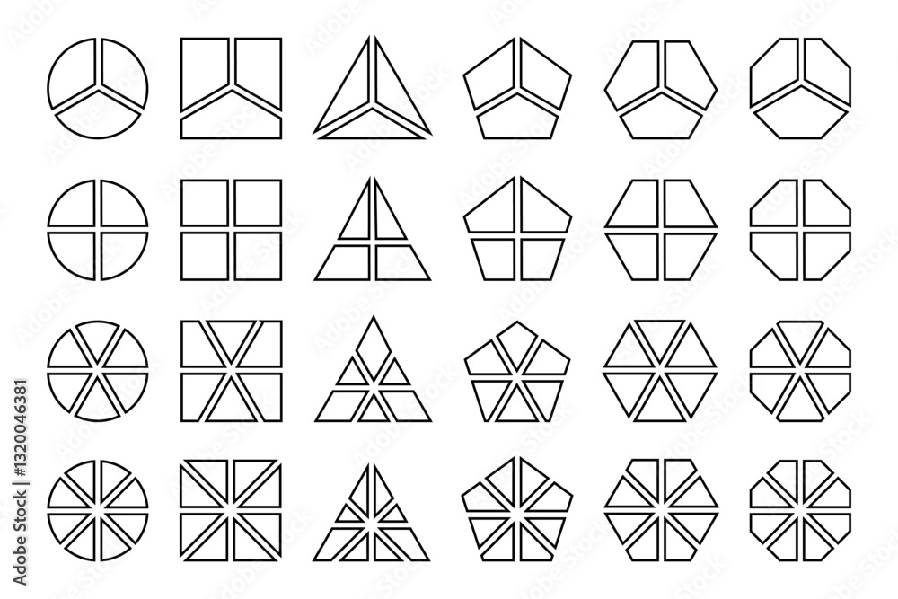 Geometric shapes divided into 3, 4, 6 and 8 sectors. Round, square and triangle, pentagon, hexagon and octagon forms cut in equal parts. Pie chart templates. Vector outline illustration.
