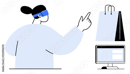 Woman wearing VR headset interacting with a digital shopping experience. Includes a shopping bag and computer monitor. Ideal for technology, online shopping, innovation, e-commerce, VR, consumer