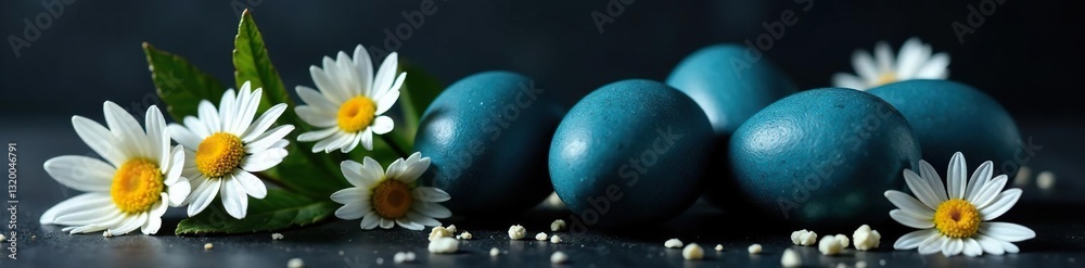Deep blue eggs, white daisies, stark black backdrop , decoration, daisy, background Deep blue eggs, white daisies, stark black backdrop , decoration, daisy, background