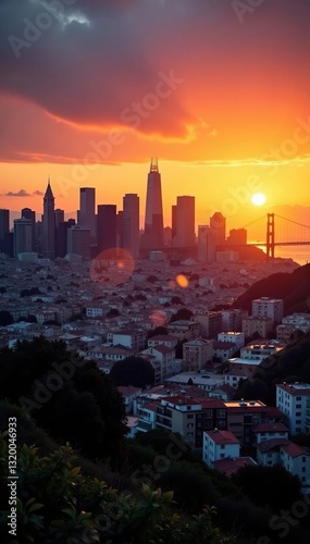 Golden sun bathes San Francisco's iconic skyline, dramatic cityscape at sunset , travel, san francisco, night