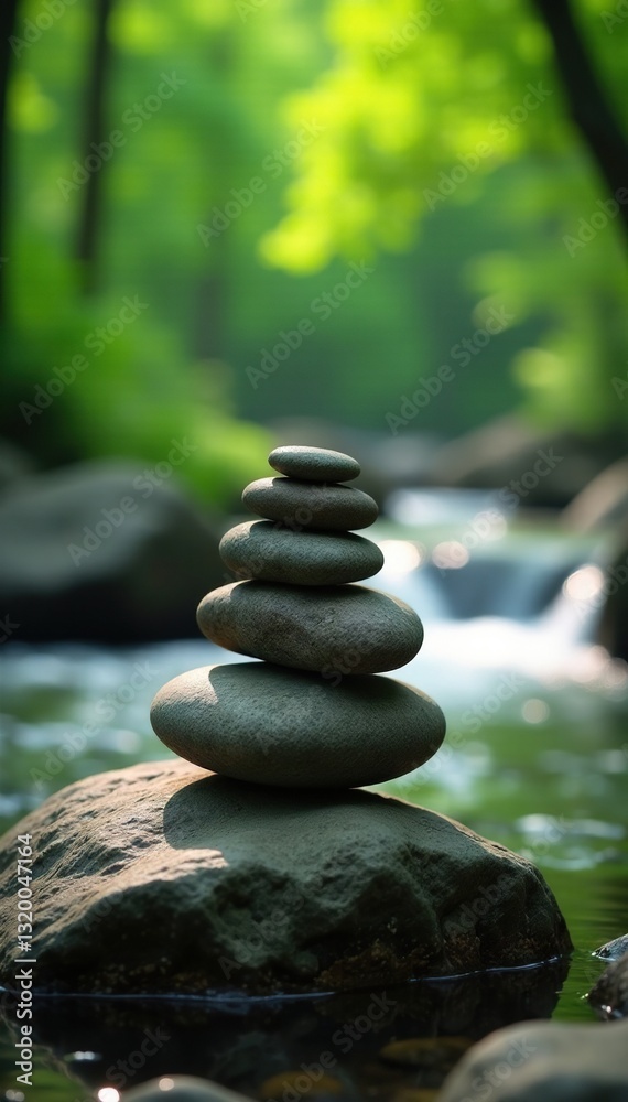 Stack of smooth stones on a large rock near a flowing stream with greenery, nature, stacked, water Stack of smooth stones on a large rock near a flowing stream with greenery, nature, stacked, water