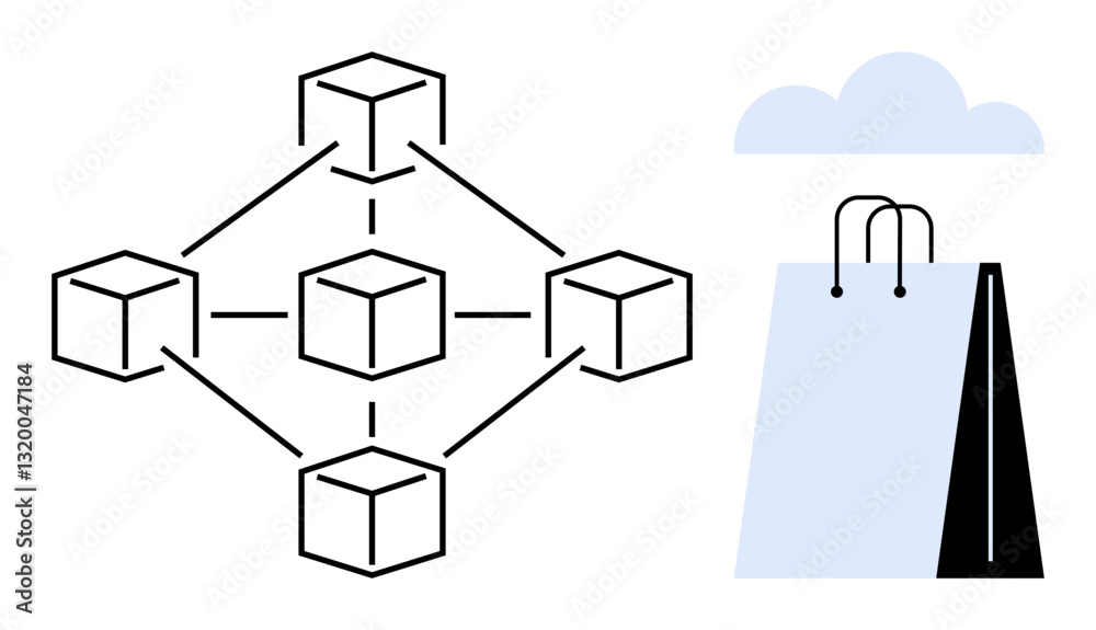 Obraz premium Blockchain nodes interconnected in a network next to a shopping bag under a cloud. Ideal for blockchain, e-commerce, online shopping, supply chain, cloud storage, tech innovation, flat simple