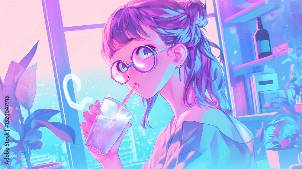 Young woman with glasses enjoying a refreshing drink while sitting by a window with city view Young woman with glasses enjoying a refreshing drink while sitting by a window with city view