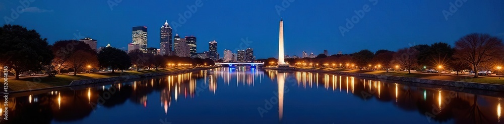 Naklejka premium Night skyline, Charles River reflections, Memorial Drive, long exposure, america, dark