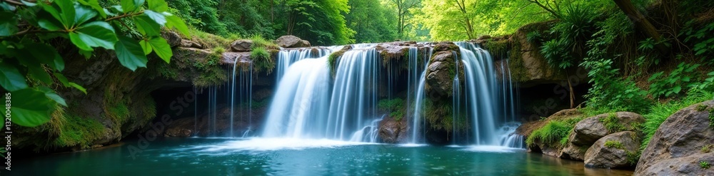 Fototapeta premium Serene waterfall cascades gently, embraced by lush greenery , natural, outdoor