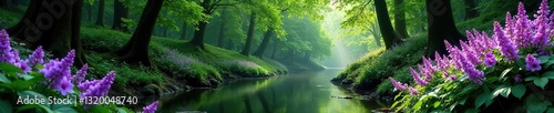Deep green canopy, violet blooms frame gentle brook,  flowers,  vibrant,  landscape