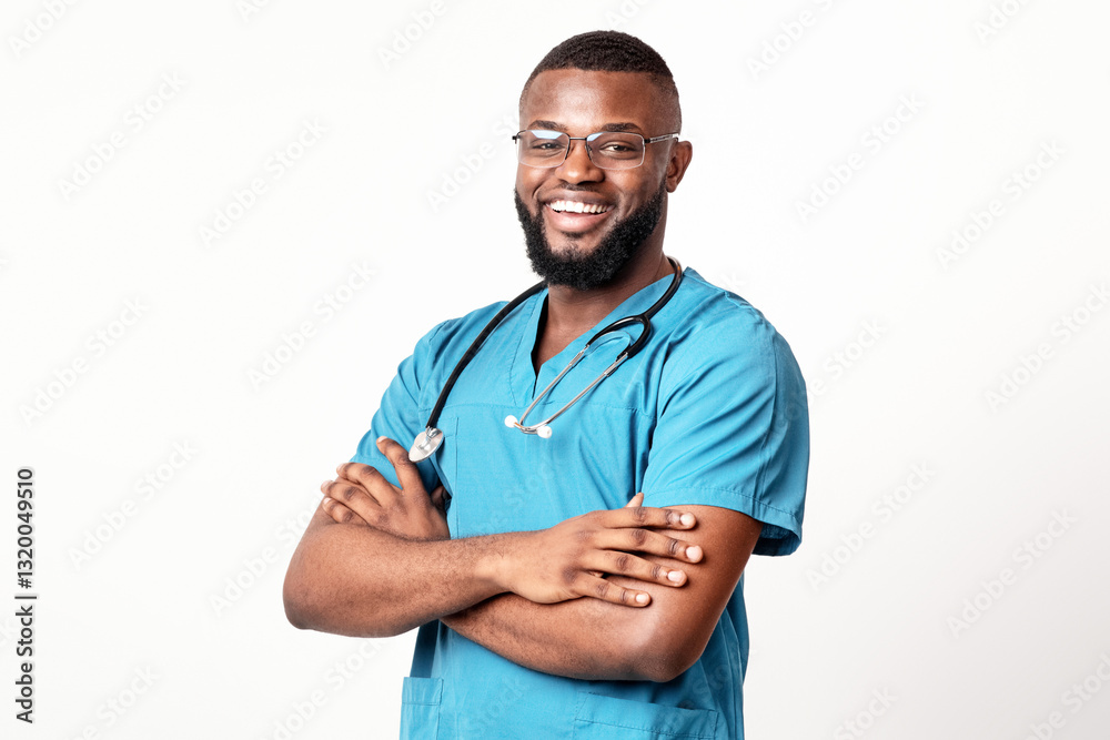 Fototapeta premium Successful African American man practitioner with glasses posing over white background, copy space