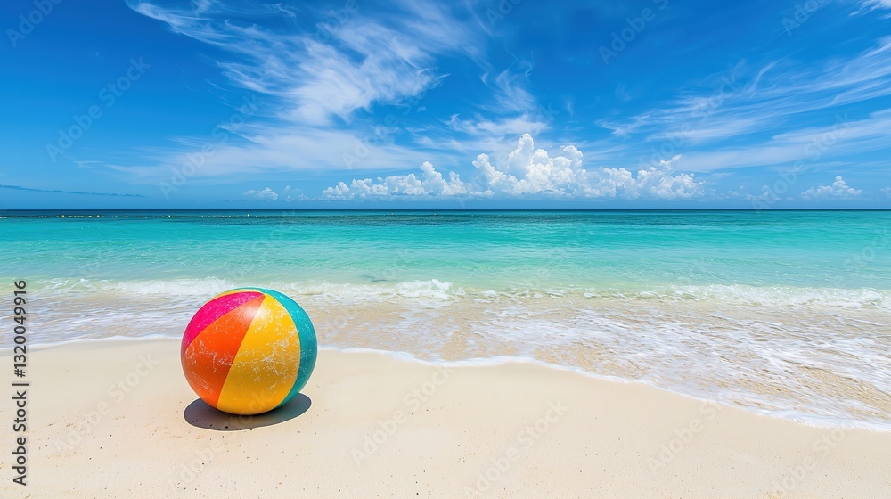 Obraz premium Colorful beach ball on white sand beach with turquoise ocean and blue sky on a bright sunny day