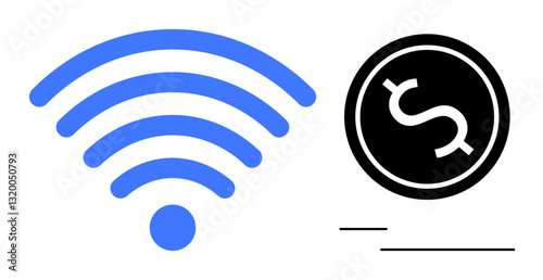 Blue wireless signal icon beside black dollar coin emphasizing internet access fees, data pricing. Ideal for technology, finance, communication, subscriptions, online services, economic concepts