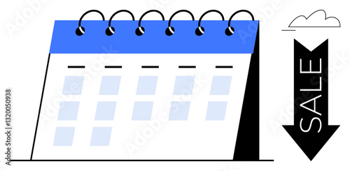 Standing desk calendar with spiral binding alongside downward arrow featuring SALE text and cloud accent. Ideal for planning, scheduling, e-commerce, marketing, discounts, time management, flat