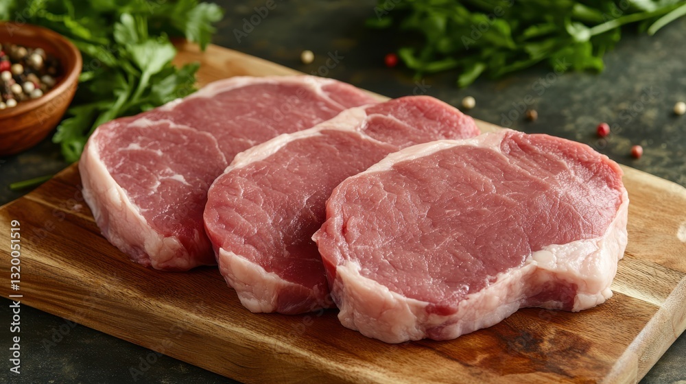 Fresh Raw Pork Chops on Wooden Cutting Board with Green Herbs and Spices in Backdrop for Culinary Use Fresh Raw Pork Chops on Wooden Cutting Board with Green Herbs and Spices in Backdrop for Culinary Use