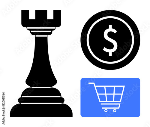 Chess rook, dollar coin, and shopping cart symbolize strategy, finance, and commerce. Ideal for business planning, e-commerce, investment strategy, budgeting retail management decision-making