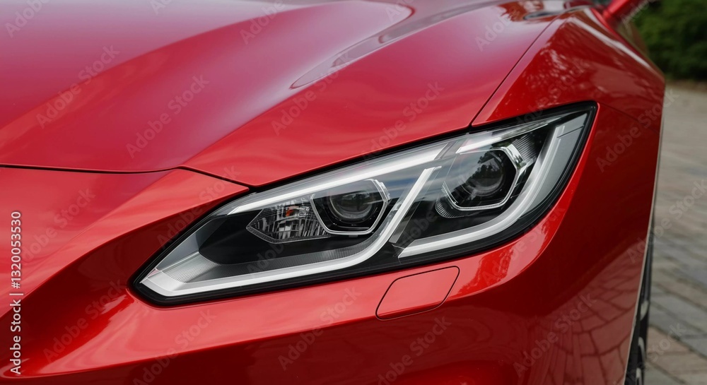 Close up of sleek red sports car showcasing its modern headlight design ,AI generated Close up of sleek red sports car showcasing its modern headlight design ,AI generated