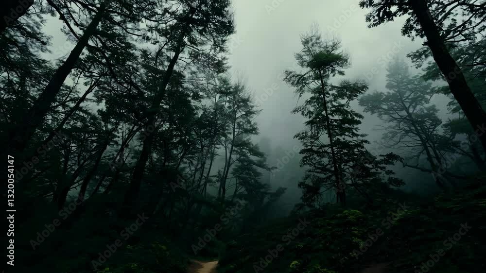 A dark and misty forest path surrounded by towering trees, creating a mysterious and eerie atmosphere filled with suspense. . High quality 4k footage A dark and misty forest path surrounded by towering trees, creating a mysterious and eerie atmosphere filled with suspense. . High quality 4k footage