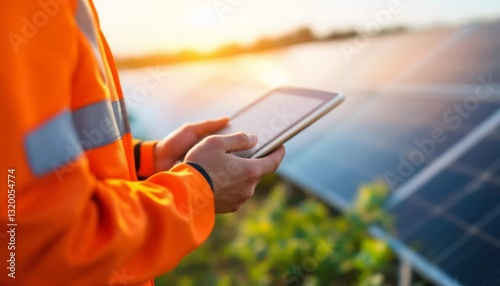 Engineer using tablet computer at solar panel farm on sunny day ,AI generated