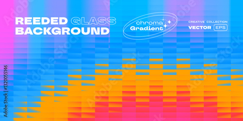 Reeded glass background with glassmorphism and ribbed texture or displacement effect. Vector 3D ribbed glass morphism background with pink, orange and blue color gradient for trendy Y2K design