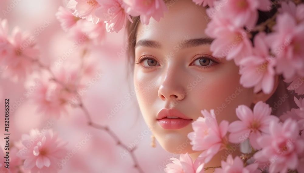 Serene Young Woman s Face Framed by Delicate Pink Blossoms Springtime Beauty Portrait Serene Young Woman s Face Framed by Delicate Pink Blossoms Springtime Beauty Portrait