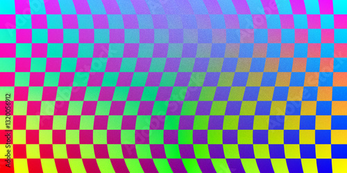 Retro groovy background with checkerboard pattern. Vector psychedelic wavy chessboard. Checkered gradient background with psychedelic grid effect with noise texture