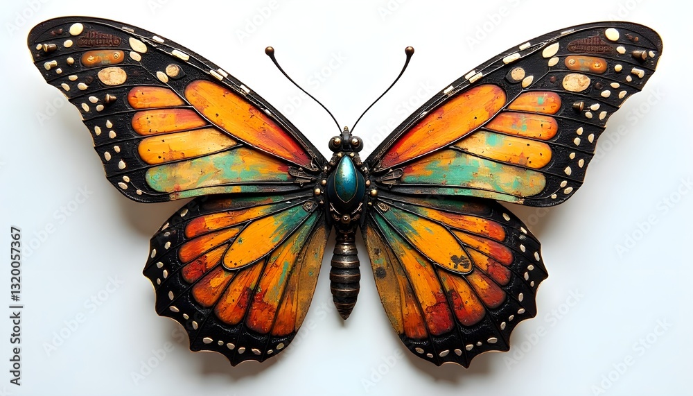Fototapeta premium A colorful steampunk fantasy butterfly with intricate mechanical wings, gears, and metallic details blending technology and nature in a vibrant, imaginative design