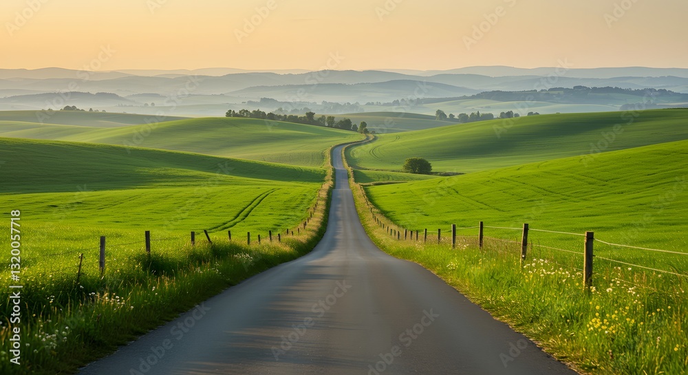 Rolling Green Hills Landscape with Road Leading to Horizon at Sunrise