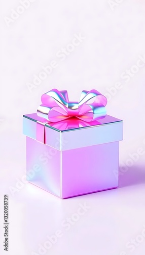Pink And Purple Gift Box Ribbon Holographic Iridescent 3D White Background Cutout