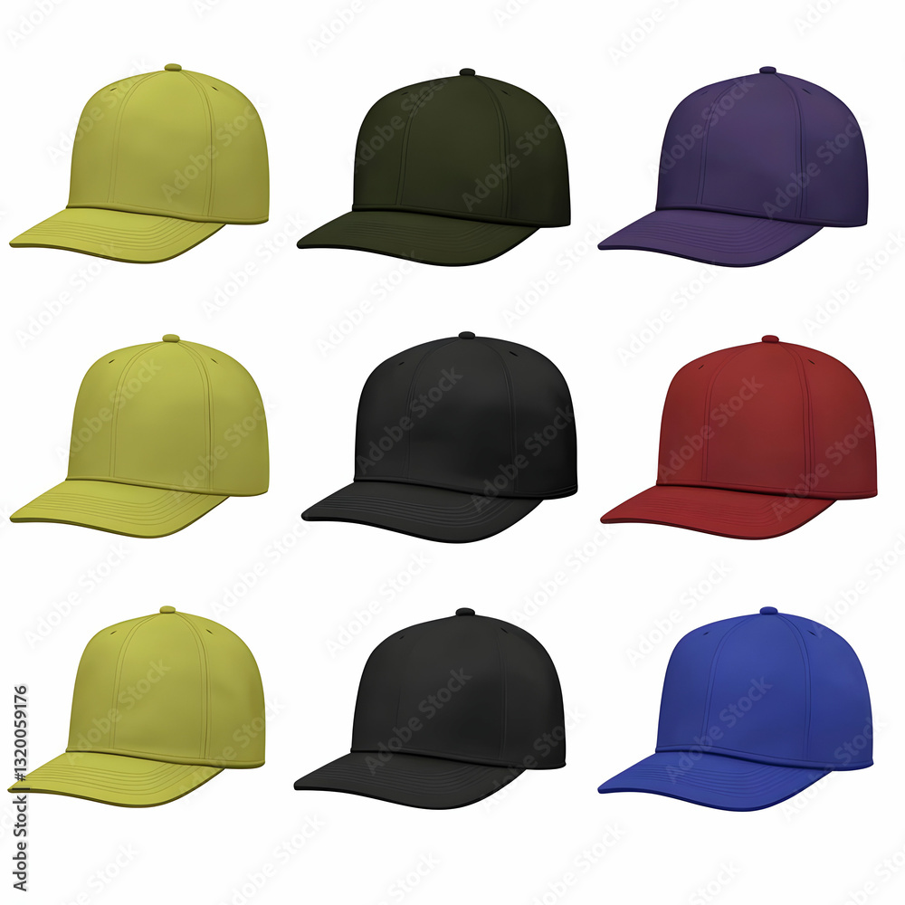 Nine 3D-rendered baseball caps in various colors, showcasing different hues and shades for design inspiration and mockup purposes. Nine 3D-rendered baseball caps in various colors, showcasing different hues and shades for design inspiration and mockup purposes.