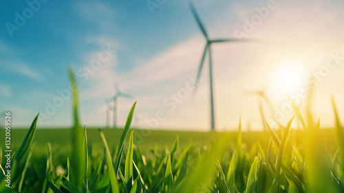 Fresh green grass in wind farm with turbines under sunny sky