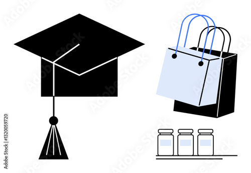 Graduation cap represents education, shopping bags indicate commerce, and science jars symbolize research. Ideal for concepts in learning, consumer culture, scientific studies, higher education