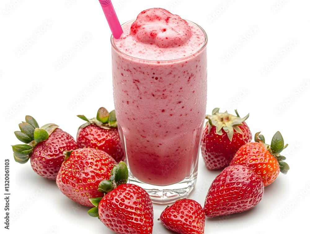 Creamy strawberry milkshake loaded with fresh strawberries blended smoothly and presented on a clean white background Creamy strawberry milkshake loaded with fresh strawberries blended smoothly and presented on a clean white background