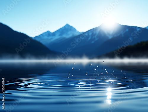 Misty mountains reflecting in calm lake with water droplets creating ripples