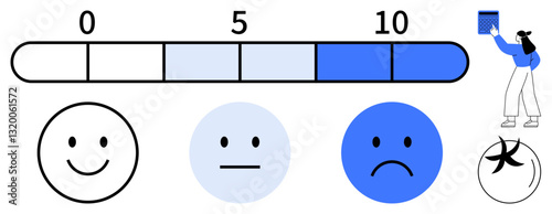 Numerical scale from 0-10 with happy, neutral, sad faces and person placing rating block. Ideal for feedback, opinion analysis, survey, mood tracking, customer service, satisfaction evaluation flat