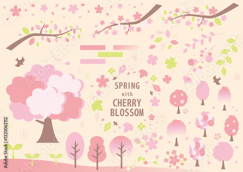 set of spring and cherry blossom