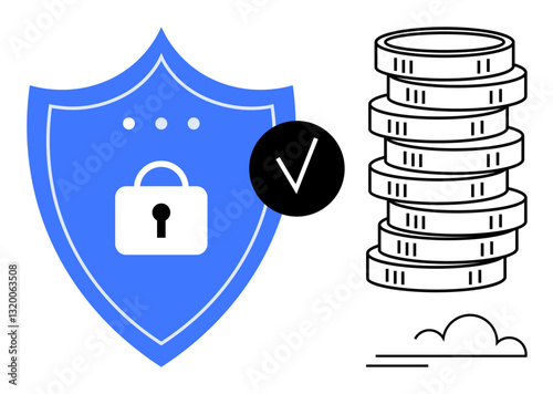 Blue shield with lock and check mark near coin stack symbolizes financial security, data protection, trust, safety, insurance, savings, compliance. Ideal for finance cybersecurity banking. Flat