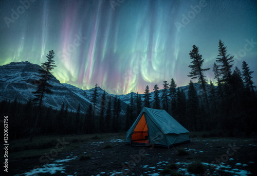 embrace of untamed wilderness, where a humble tent nestles beneath ethereal Northern Aurora, inviting you to embark on a captivating journey of adventure and communion