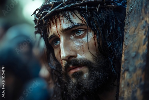 Retrato closet up de Jesús afligido con la corona de espinas en la cabeza y cargando la cruz el viernes santo. Religiones y culturas, Semana Santa