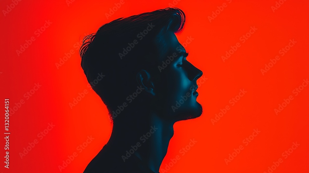 Man Silhouette Red Background Intense Mood Portrait Man Silhouette Red Background Intense Mood Portrait