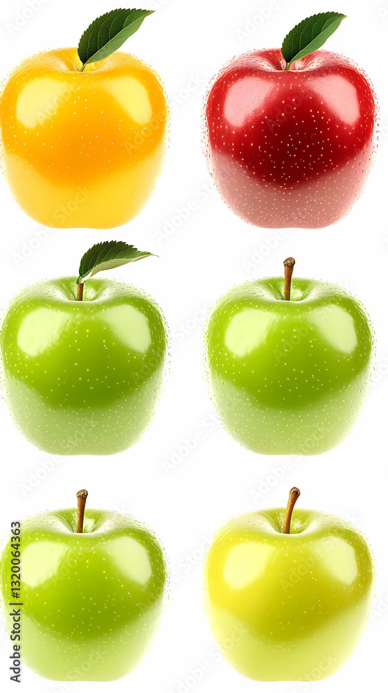 Collection of Six Shiny Apples with Green Leaves, Displaying Vibrant Red, Yellow, and Green Hues Against a White Background, Highlighting Juicy, Ripe Appearance.