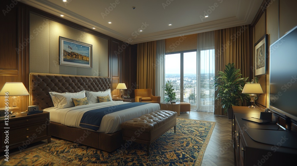 Fototapeta premium Elegant hotel bedroom with a city view and a king-sized bed