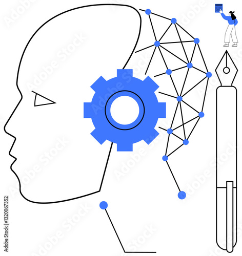 Human head outline with gear and network lines symbolizing AI, creativity, and tech fountain pen for innovation and a small figure for digital collaboration. Ideal for AI, innovation, education