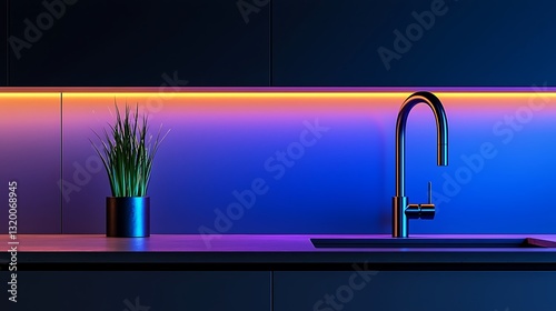 Modern Kitchen with Colorful LED Lighting and Sleek Faucet