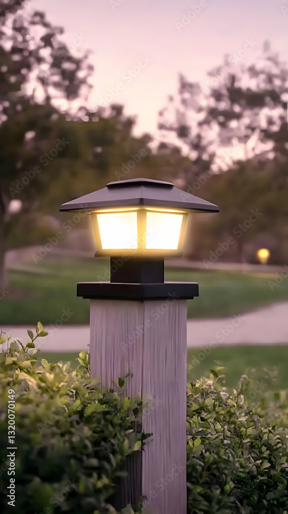 Illuminated Post Lamp illuminates Garden at Dusk: A Digital Illustration of a Solar-Powered Post Cap Light on Wooden Post, Softly Lit, Serene Backyard Setting. Illuminated Post Lamp illuminates Garden at Dusk: A Digital Illustration of a Solar-Powered Post Cap Light on Wooden Post, Softly Lit, Serene Backyard Setting.