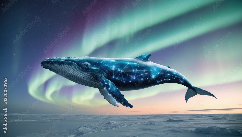 Naklejka premium dolphin jumping out of water Cosmic Whale Gliding Through the Aurora Borealis with Glowing Constellations and Stardust Trails
