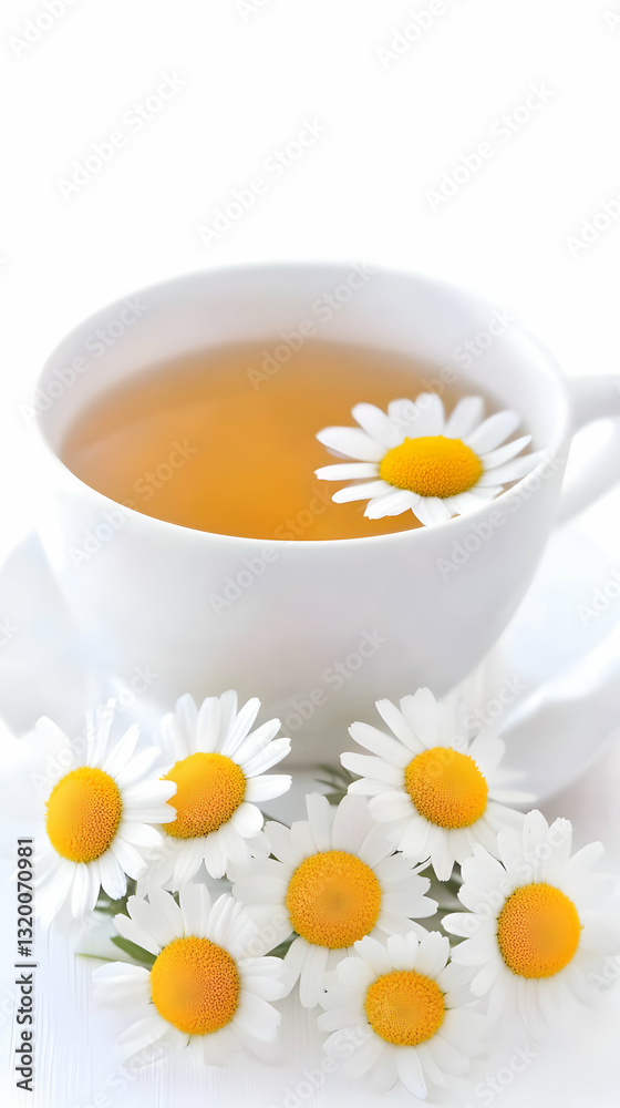 Aromatic Chamomile Tea in White Cup with Fresh Daisies, Calming Herbal Beverage Still Life Photography Aromatic Chamomile Tea in White Cup with Fresh Daisies, Calming Herbal Beverage Still Life Photography