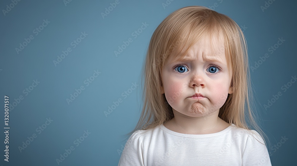 Naklejka premium A little girl with blue eyes and blonde hair is looking at the camera