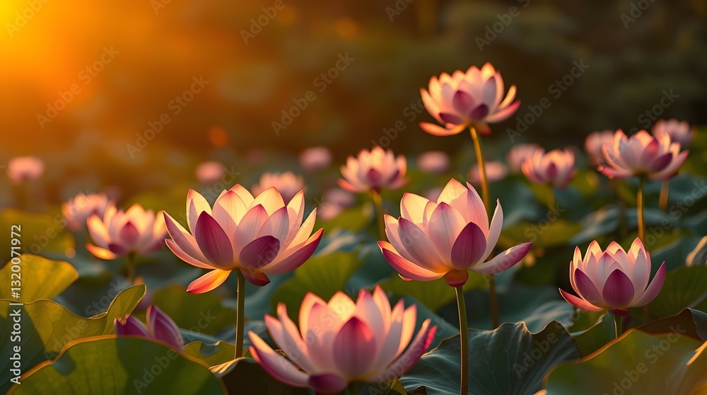 Blooming Lotus Flowers at Sunset Casting a Warm and Golden Glow Blooming Lotus Flowers at Sunset Casting a Warm and Golden Glow