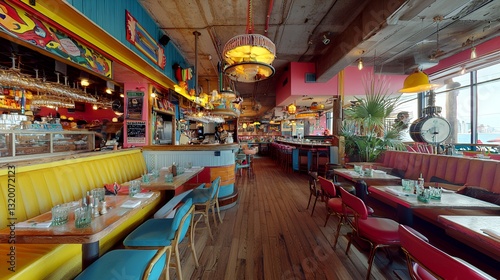 Wallpaper Mural Vibrant restaurant interior, colorful decor, tables, and chairs; suitable for dining and food photography Torontodigital.ca