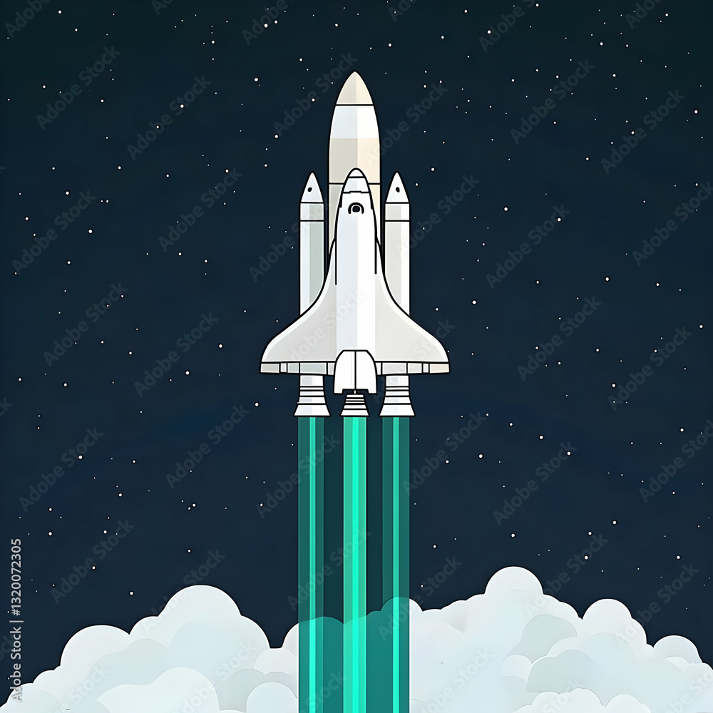 Obraz premium Stylized Space Shuttle Ascending Through Clouds, Neon Trails Against Starry Night, Abstract Space Illustration