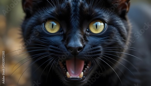 Close-up of a Black Cat Growling with Intense Yellow Eyes Staring