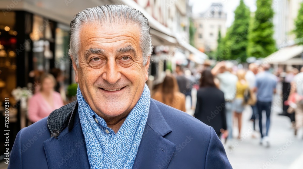 A man wearing a blue jacket and a blue scarf. He is smiling. There are other people in the background A man wearing a blue jacket and a blue scarf. He is smiling. There are other people in the background
